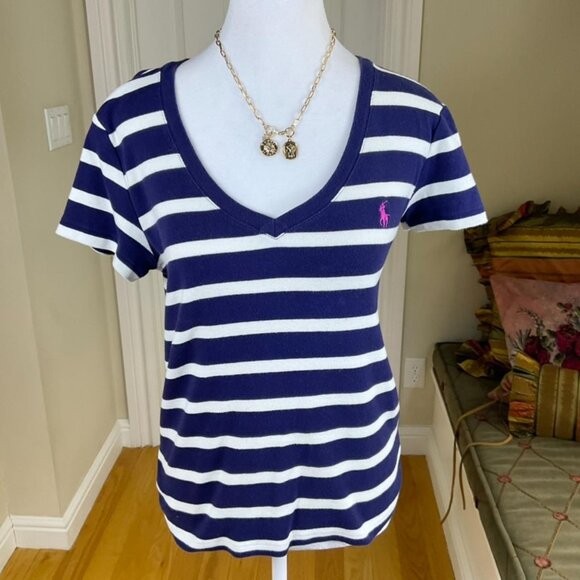 Ralph Lauren Sport T-Shirt Cotton Navy Stripe V-Neck Pink Logo Short Sleeve (L) - Picture 1 of 7
